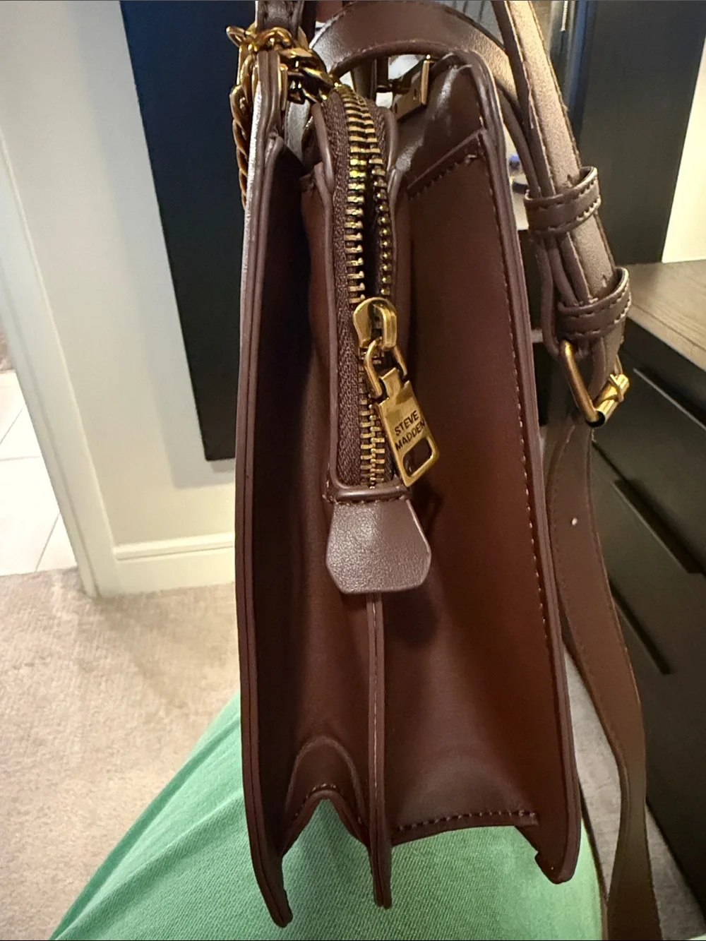 Steve Madden Maroon Structured Satchel with Gold Chain